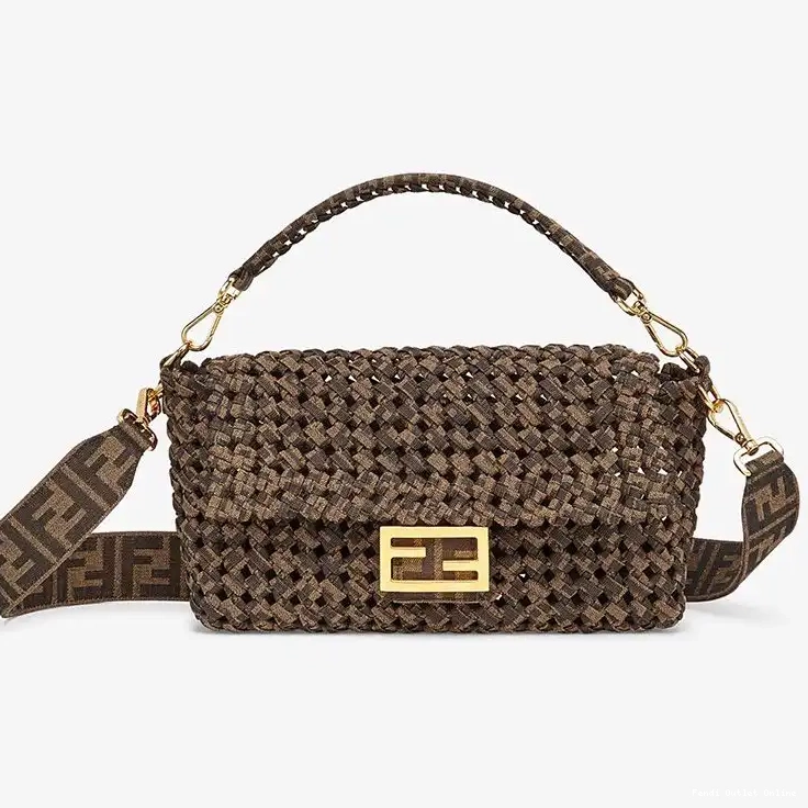 Cheap In Fabric Bag Fendi Coffee Medium Baguette Interlace 0520